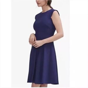 MM Lafleur Dress Savannah Wool Stretch Fit & Flare Cap Sleeve Knee Length Navy